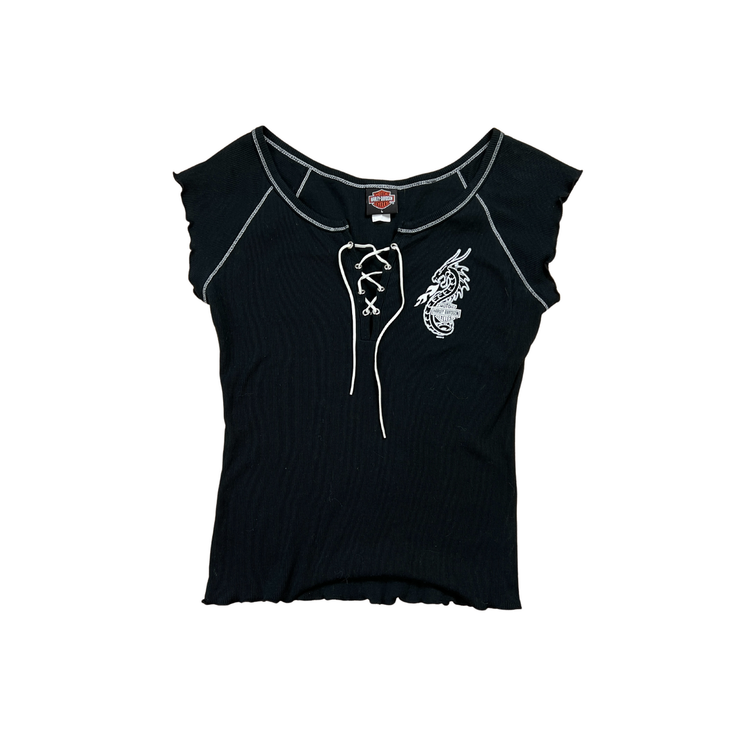 Y2K Harley Davidson Dragon Ribbed Tie-Up Tee - L/XL