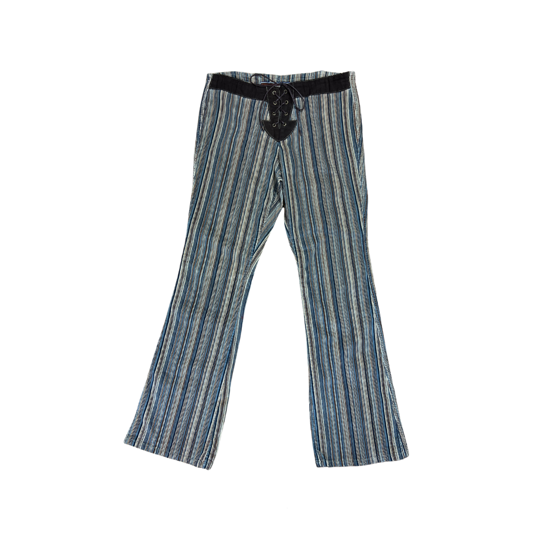 Y2K Mid Rise Front Tie Pinstripe Micro Cord Flares- S/M