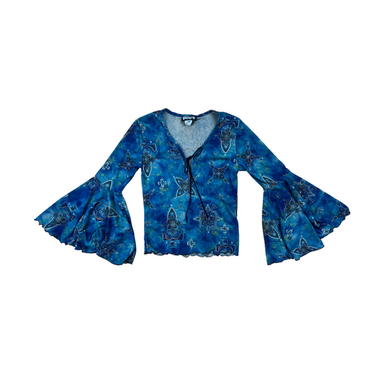 Y2K Sheer Patterned Turquoise Bell Sleeve - M