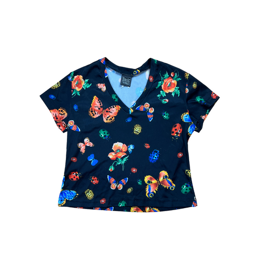 Y2K Bugs n Butterflies V Neck Black Tee - S/M