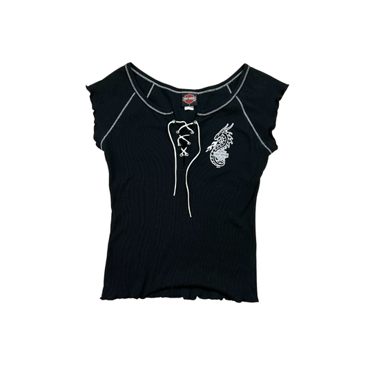 Y2K Harley Davidson Dragon Ribbed Tie-Up Tee - L/XL