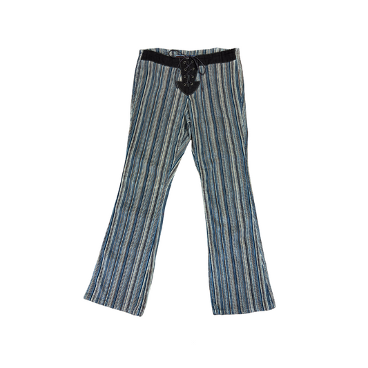 Y2K Mid Rise Front Tie Pinstripe Micro Cord Flares- S/M