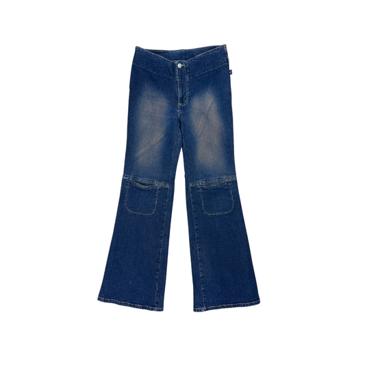 Y2K Mid/High Rise Smokey Denim Flares w BB knee pocket detail - M