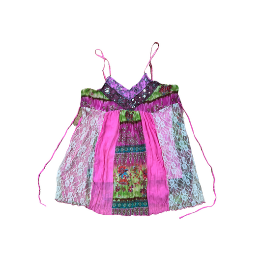 Y2K Paisley Lace Patch Babydoll Tie-Back Top - M/L