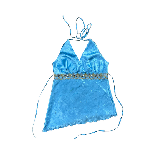 Y2K Silky BB Blue Asymmetrical Tie-Back Halter - S/M