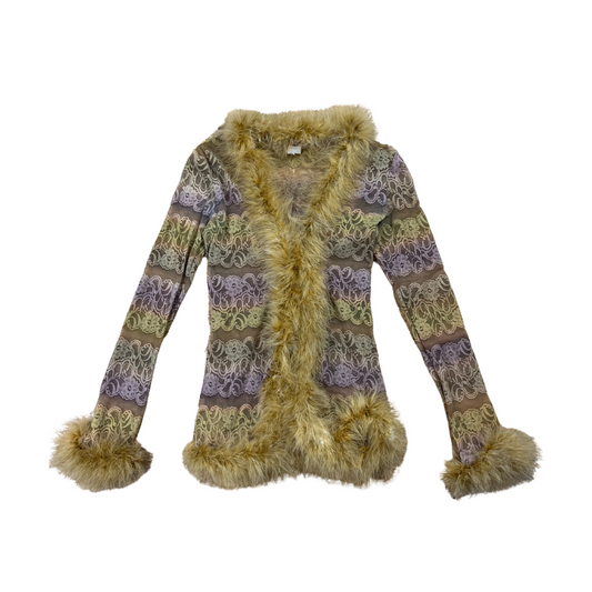 Y2K Tan n Dyed Lace Long Sleeve w Fur Trim - S