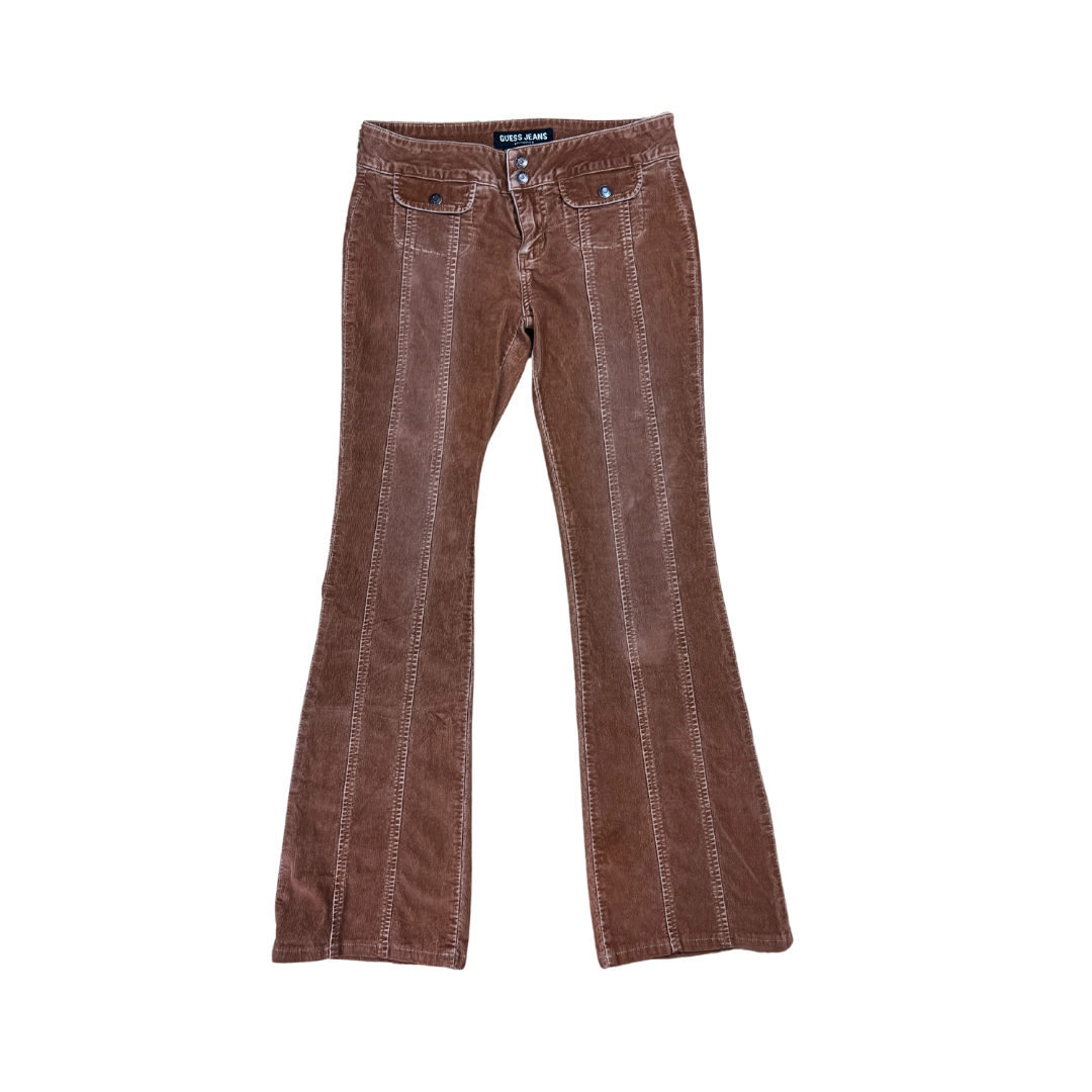Y2K Low Rise Desert Pleated Micro Cord Flares w BB front pockets - S