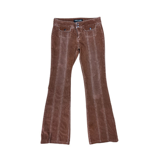Y2K Low Rise Desert Pleated Micro Cord Flares w BB front pockets - S