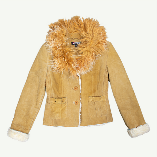 Y2K XOXO Tan Leather Jacket w Fur Trim - S/M